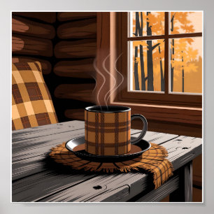 Poster Cabine Plaid Café Automne Forêt Rustique Accueil A