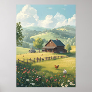 Poster Cabine rustique de campagne avec fleurs sauvages