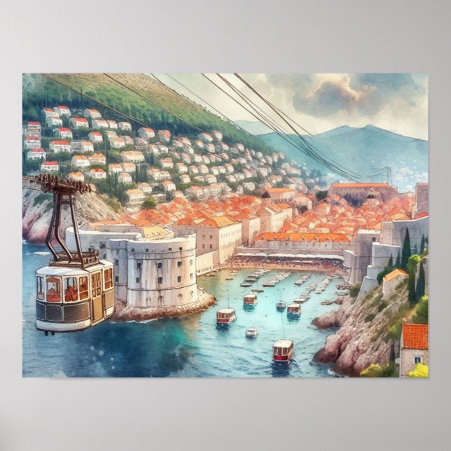 Poster Câble Dubrovnik Croatie aquarelle (Devant)