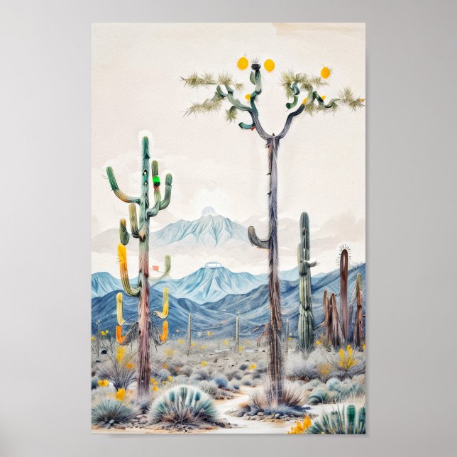 Poster Cactus du désert abstrait surréaliste couleur past (Devant)
