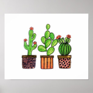 Poster Cactus mignon d'aquarelle dans des pots
