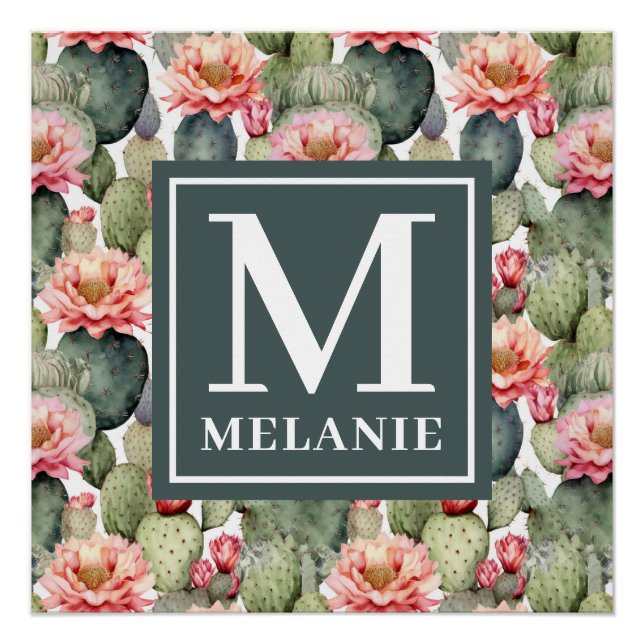 Poster Cactus Motif Fleurs roses Monogramme (Devant)