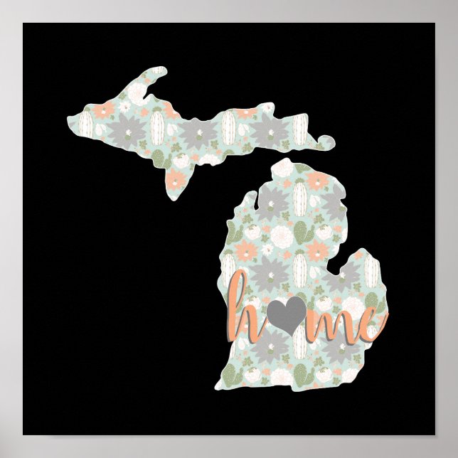Poster Cactus Rempli Michigan Silhouette Avec Maison (Devant)