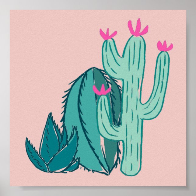 Poster Cactus rose et vert mou (Devant)