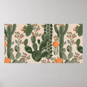 Poster Cactus succulents vintages verts et fleurs oranges