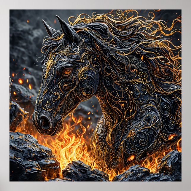Poster Cadeau artistique de cheval en feu pour amateur de (Devant)