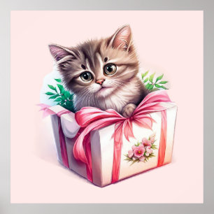 Poster Cadeau d'anniversaire de chaton mignon dans une bo