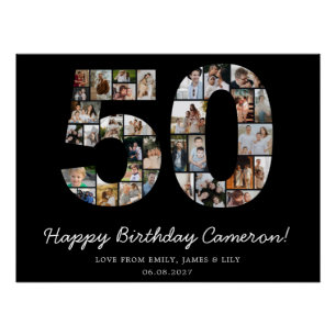 Poster Cadeau de collage photo d'anniversaire 50 ans noir