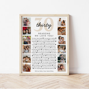 Poster Cadeau de souvenir d'anniversaire 30 raisons pour