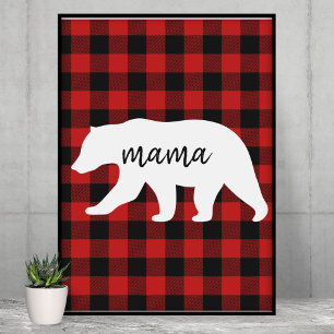 Poster Cadeau moderne Rouge Plaid Et Blanc Mama Ours