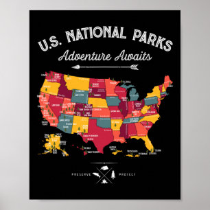 Poster Cadeaux de carte des 62 parcs nationaux Nous parcs