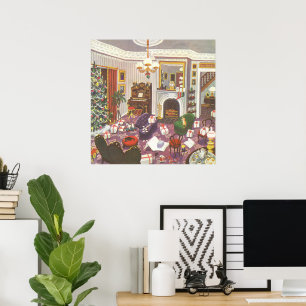 Poster Cadeaux d'emballage de Noël vintage dans le salon