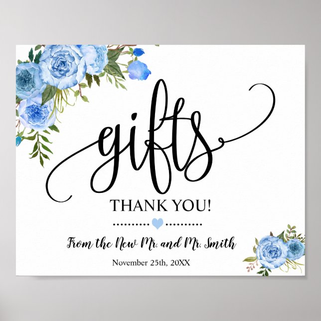 Poster Cadeaux signe douche mariage réception bleu floral (Devant)