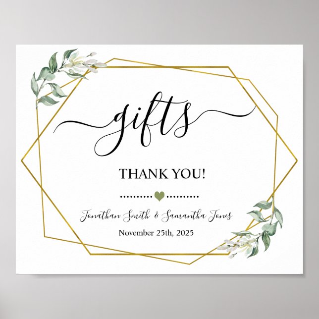 Poster Cadeaux signe douche mariage réception verdure or (Devant)