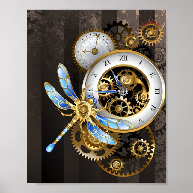 Poster Cadran Steampunk avec libellule (Devant)