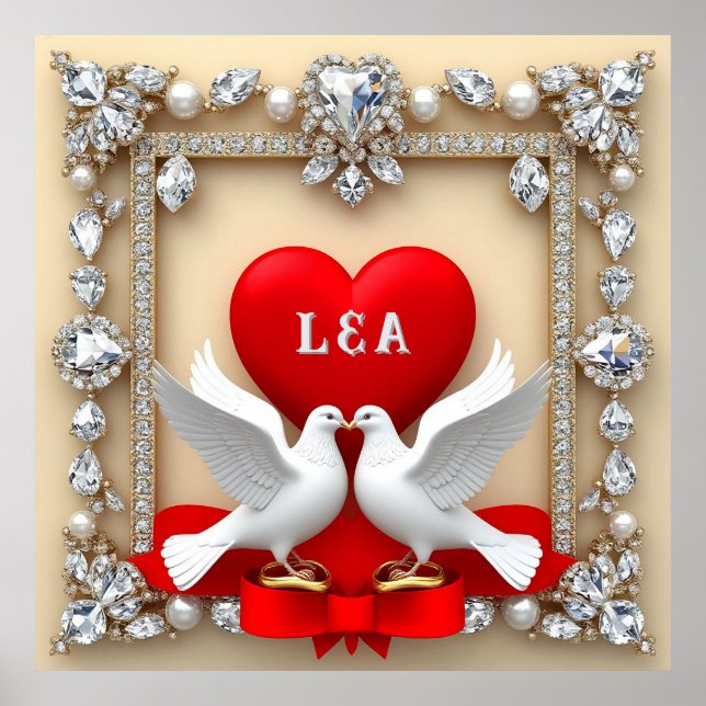 Poster Cadre de coeur romantique Mariage avec des colombe (Devant)