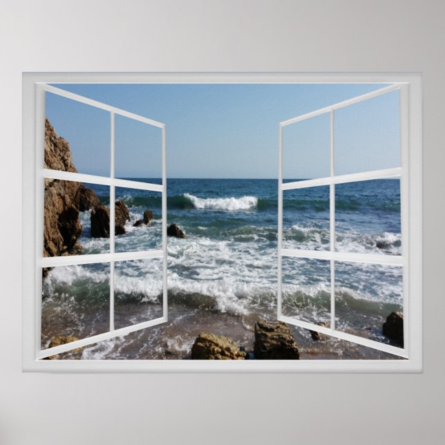 Poster Cadre de fenêtre avec Rocky Ocean Coast et Waves (Devant)