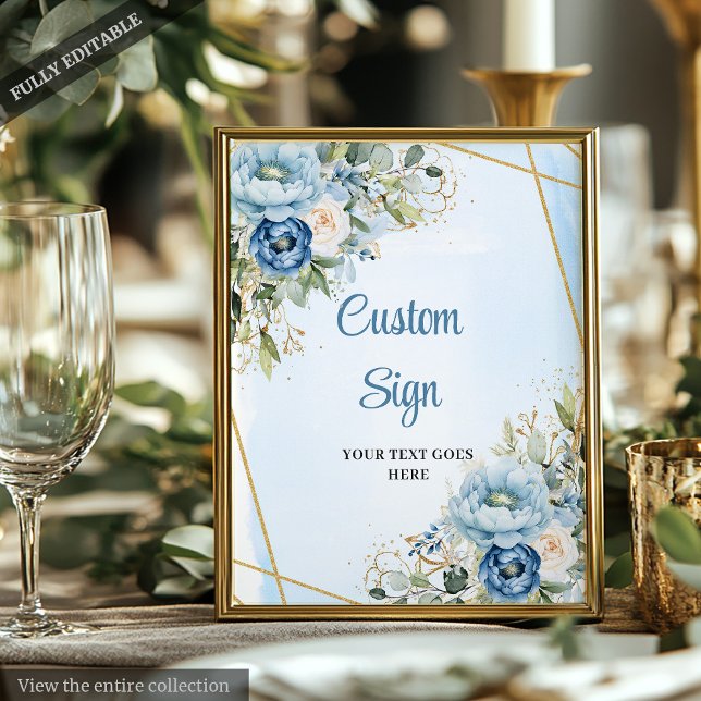 Poster Cadre de mariage classique poussiéreux bleu verdur (Classic Dusty Blue Greenery Gold Frame Wedding Sign)