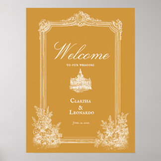 Poster Cadre de mariage orné vintage jaune moutarde Bienv