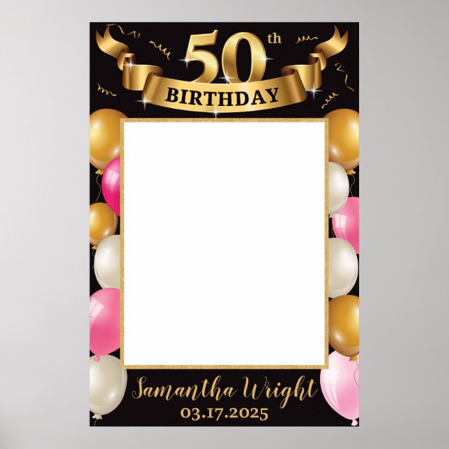 Poster Cadre de photo d'anniversaire chic en rose, or et  (Devant)