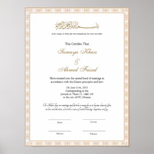 Poster Cadre en or élégant certificat musulman nikkah Pos