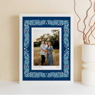 Poster Cadre floral Art bleu bleu marine avec texte perso