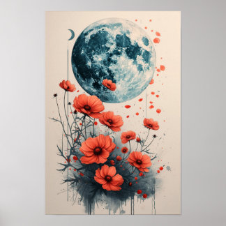 Poster Cadre floral Boho avec Lune Bleue : Aquarelle