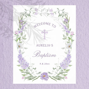 Poster Cadre floral lilas lavande Bienvenue baptême