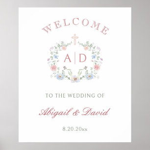 Poster Cadre Floral Mariage religieux Monogrammes Bienven