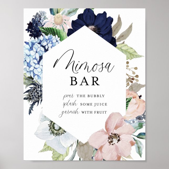 Poster Cadre floral marine foncé et rose Mimosa Bar (Devant)