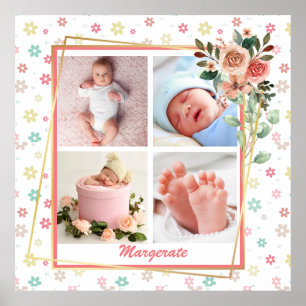 Poster Cadre floral mignon Nouveau bébé Personnalisé 4 Ph