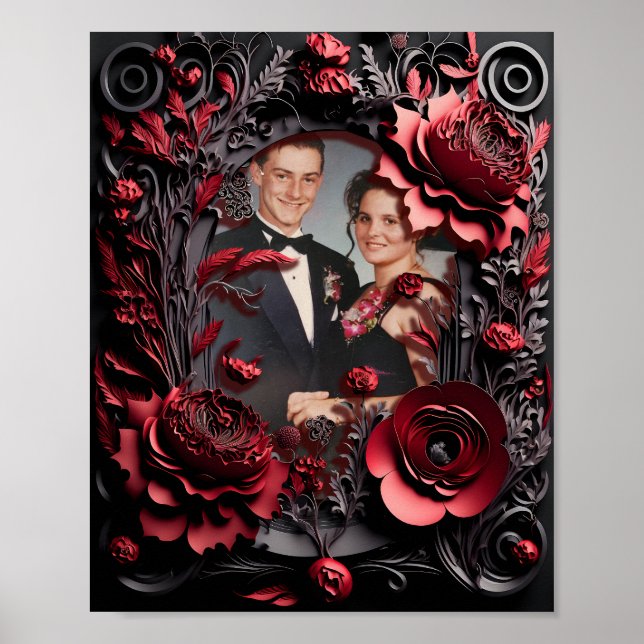 Poster Cadre floral noir et rouge 3D sculpté (Devant)