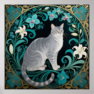 Poster Cadre floral orné chat gris