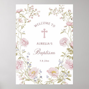 Poster Cadre floral rose Bienvenue au baptême