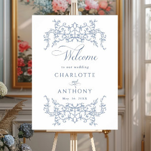 Poster Cadre Floral vintage Dusty Blue Mariage Bienvenue
