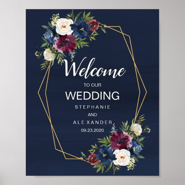 Poster Cadre géométrique Bourgogne Mariage de fleurs de m (Devant)