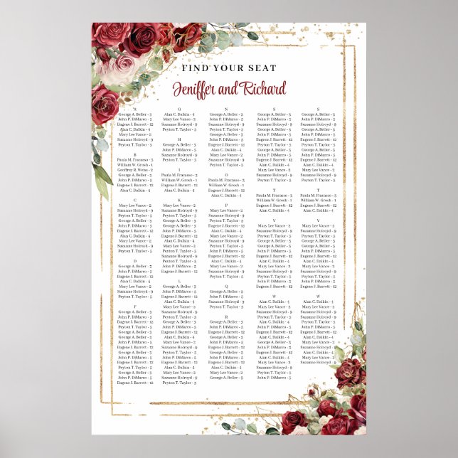 Poster Cadre or floral bleu et bordeaux Alphabétique (Devant)