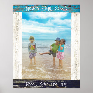 Poster Cadre photo en bois blanc bleu rustique de plage