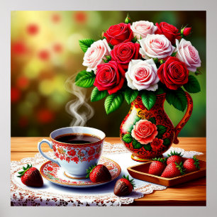 Poster Cadre romantique avec roses et café