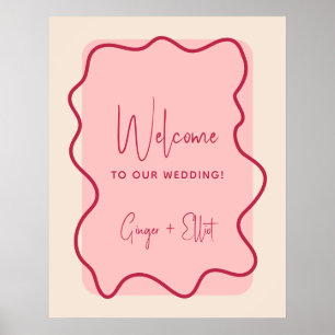 Poster Cadre Wavy moderne Magenta Mariage rose Bienvenue