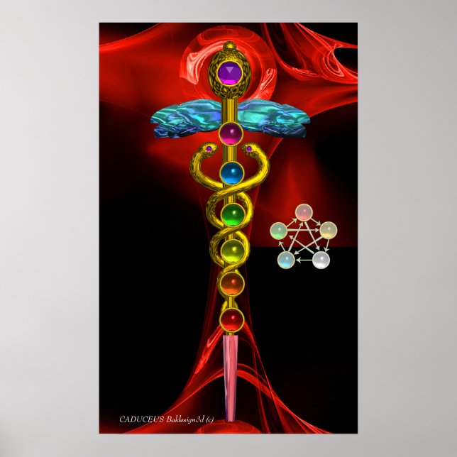 POSTER CADUCÉE D'OR ET 7 CHAKRAS DANS ROSE FRACTALE ROUGE (Devant)