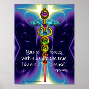 POSTER CADUCÉE D'OR ET 7 CHAKRAS EN ONDES BLEUES VIOLETTE