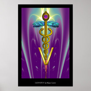 Poster CADUCÉE VÉTÉRINAIRE EN OR SYMBOLE Bleu Violet