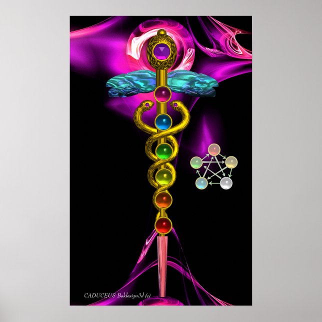 POSTER CADUCUS D'OR ET 7 CHAKRAS EN ROSE FRACTAL ROSE (Devant)