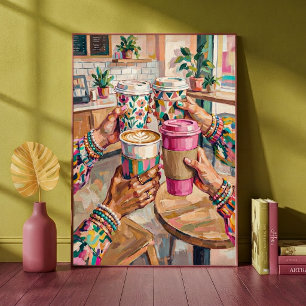 Poster Café Coloré Les Amis se Réjouissent les Mains Tena