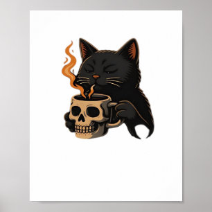 Poster Café En Chat Foncé Avec Mug Crâne Surdimensionné T