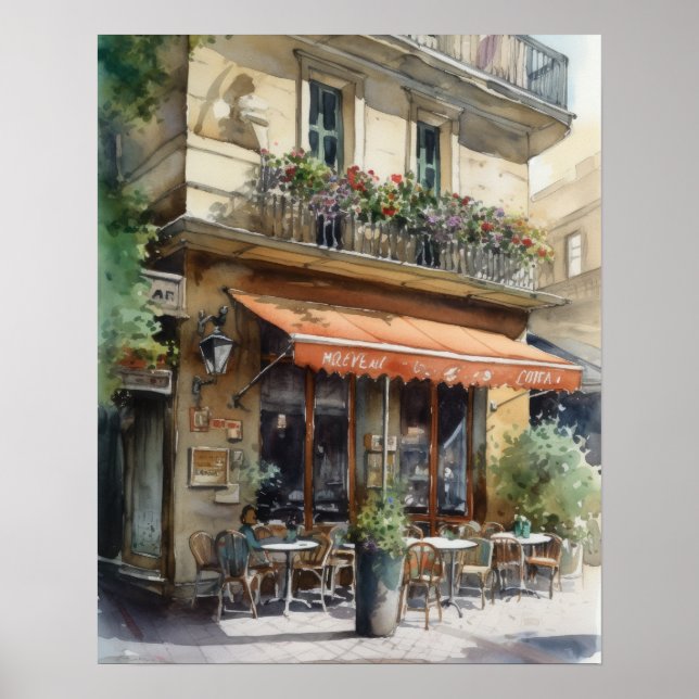 Poster Café Français Aquarelle Paysage Art Imprimer Poste (Devant)