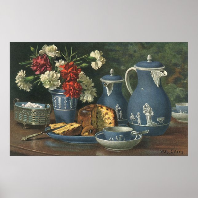 Poster Café, gâteau, thé et fleurs vintages l'après-midi (Devant)