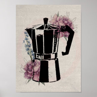 Poster café linearte fleurs pot encre vintage roses