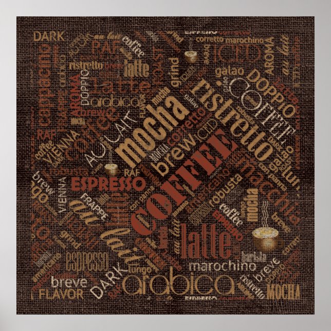 Poster Café sur Burlap Word Cloud Brown ID283 (Devant)